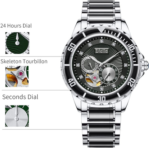 Men'S Automatic Mechanical Wrist Watches, Luxury Skeleton Watches for Men with Black Green Jade & Steel Strap