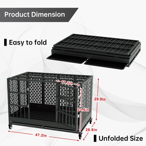 RERORD 48 Inch Heavy Duty Dog Crate with Wheels, Folding Metal Big Dog Cage Extra Large Dog Crate