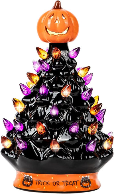 Ceramic Tree - Halloween Decoration Made with Ceramic, Orange Pumpkin Head-Home Decoration-Trick or Treat- over 35 Multicolor Bulbs, LED Light up by Battery - Black, 9 Inch