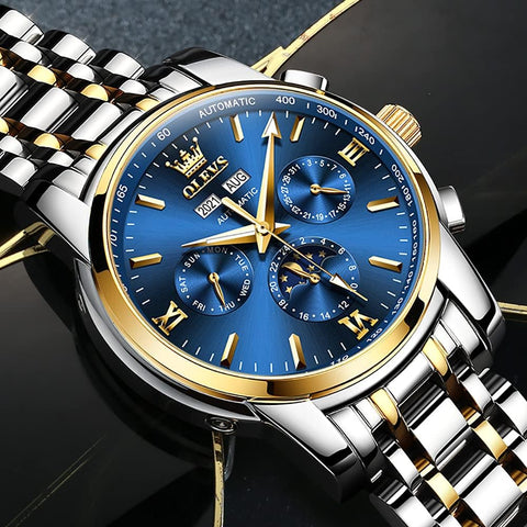 Automatic Mechanical Watches for Men Self Winding No Battery Blue Watch Stainless Steel Strap Luxury Moon Phase Luminous Waterproof Wrist Watch