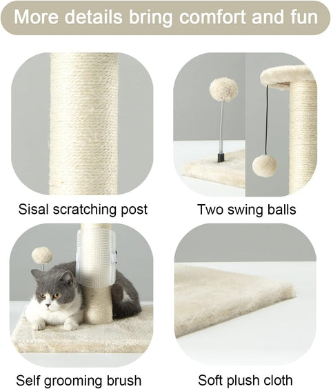 32" Tall Cat Scratching Post Sisal Rope Scratch Posts with Hanging Ball and Self-Massage Brush Vertical Scratcher for Indoor Cats and Kittens(Beige 32Inches)