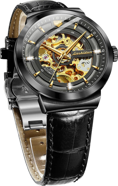 JSDUN Men'S Black Skeleton Leather Watches Automatic Mechanical Luxury Dress Wrist Watches