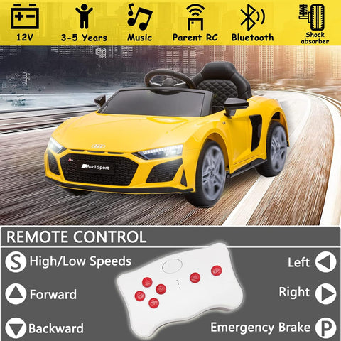 12V Ride on Toy Car Compatible with Audi R8 Electric Car for Kids Ride on Car with Remote Control Battery Powered Sports Car with Spring Suspension, Music,Usb (Yellow)