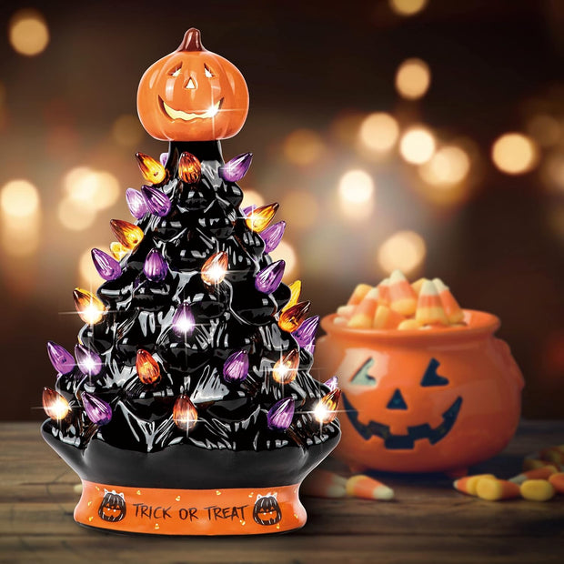 Ceramic Tree - Halloween Decoration Made with Ceramic, Orange Pumpkin Head-Home Decoration-Trick or Treat- over 35 Multicolor Bulbs, LED Light up by Battery - Black, 9 Inch