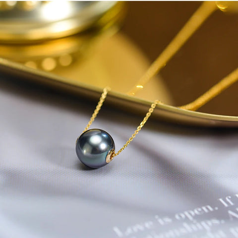 Real 18K Gold Pearl Pendant Necklace for Women,Tahitain Black Pearl Necklace Pendant Yellow Gold Chain Jewelry