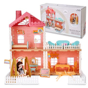 Dollhouse Girls Dreamhouse Playset, 3 Room Dollhouse with Doll Toy Figure, Furniture and Accessories, Color Lights, Steam Chimney, Play House Gift Toys for Kids Ages 3+