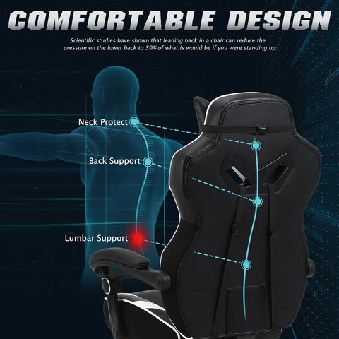 Ergonomic Gaming Chair with Footrest Recliner Computer Chair with Massage High Back Office Gamer Chair Big and Tall Racing Game Chair for Adults Chair for Gaming White/Black