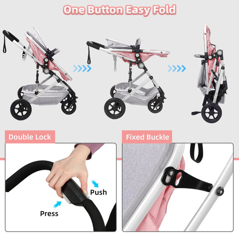 Baby Stroller, Foldable Baby Stroller Reversible Bassinet, Travel Stroller for Newborn Baby, Pink