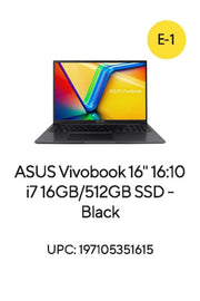 Vivobook 16” PC Laptop, Intel Core I7-1255U, 16GB, 512GB, Win 11 Home, Black, F1605ZA-WS74