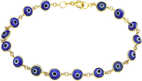 14K Solid Gold Evil Eye Charm Bracelets - 7" - Multiple Colors Available (Blue)