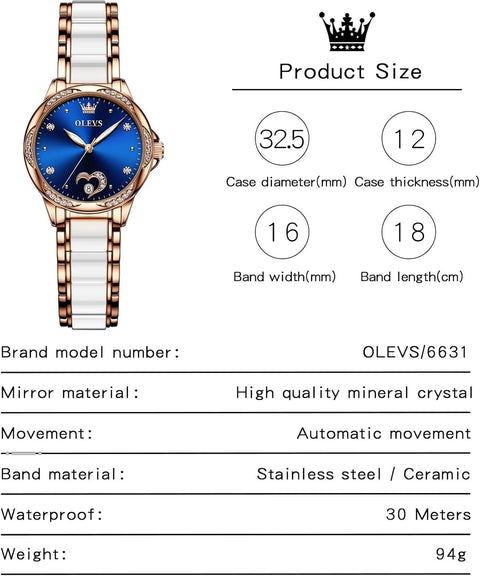 Womens Watches Elegant Dress Diamond Automatic Self Winding Watches for Women Luxury Fashion Stainless Steel Ceramic Waterproof Luminous Women'S Wrist Watches