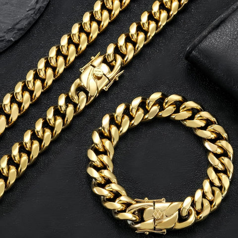 Mens 15Mm Miami Cuban Link Chain 18K Gold Stainless Steel Curb Necklace for Men & Women, Hip Hop Jewelry, Available in 18"-30", Cuban Gold Chains, Includes Gift Box