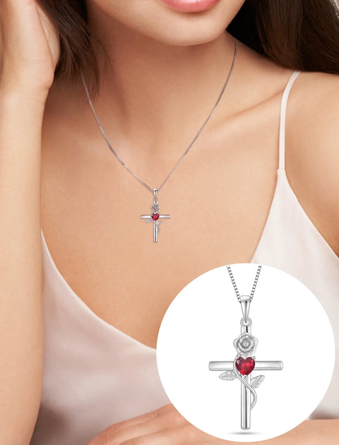 Cross Pendant Necklace Sterling Silver Infinite Rose Flower Necklace Women Faith Jewelry Gift with July Birthstone Created Ruby