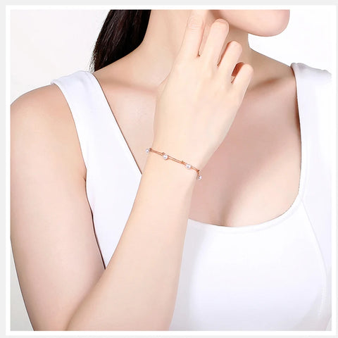 Two Strands Real 18K Rose Gold Bracelet for Women,Au750 Real Pearl Charm Bracelet Wedding Gift