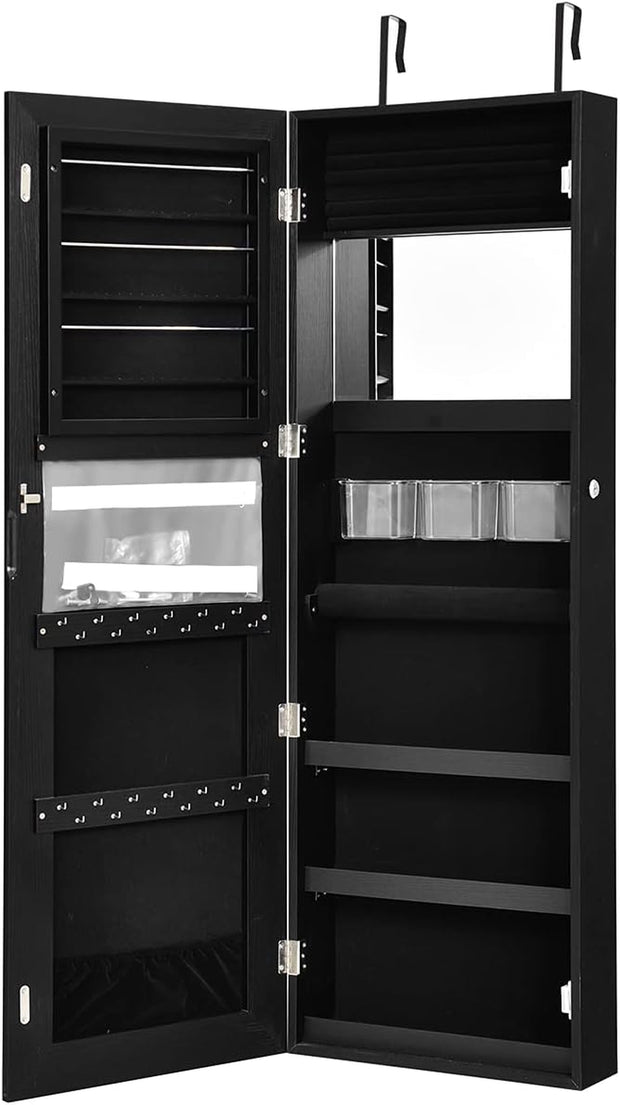 Jewelry Armoire Wall Door Mounted, Lockable Jewelry Cabinet with 47.2''H X 16''W Full Screen Mirror, Large Storage Jewelry Organizer Jewelry Box with Full Length Mirror (Black)