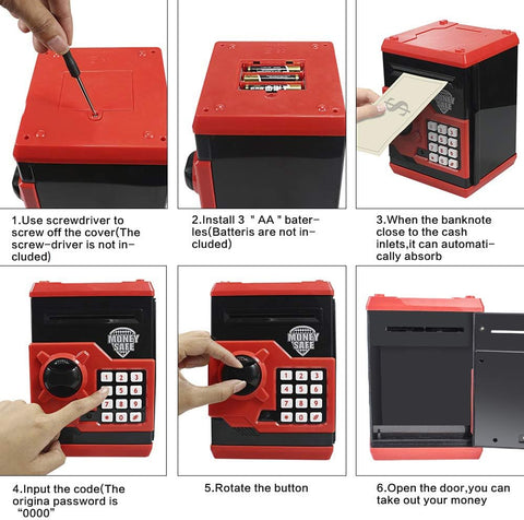 Piggy Banks for Kids, Electronic Password Code Money Banks ATM Banks Box Coin Bank for Children Boys and Girls (Black/Red)