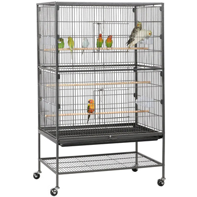 Metal 52-Inch Large Rolling Bird Cage with 3 Perches 4 Feeders