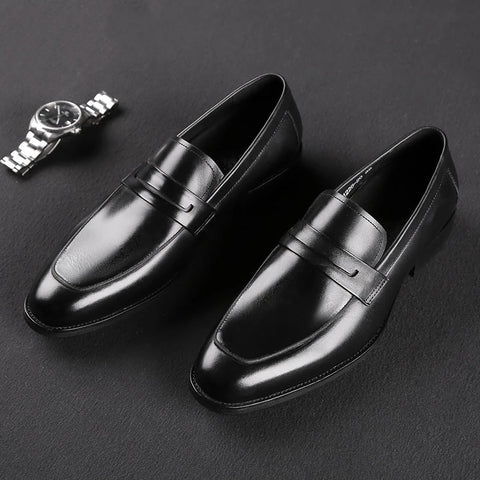 Men Leather Shoes Business Dress Suit Shoes Men Brand Bullock Genuine Leather Black Slipon Wedding Mens Shoes