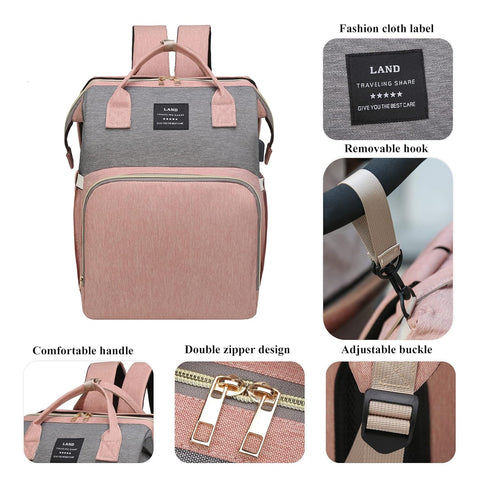 Diaper Bag with Changing Station,Diaper Bag Backpack，7 in 1 Travel Diaper Bag,Mommy Bag with USB Charging Port (Pink-Grey)