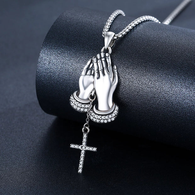 Praying Hands Necklace Sterling Silver the Lord'S Prayer Necklaces Men Women Cross Pendant Necklace for Christian Jewelry Gift, 22"-24" Adjustable Chain