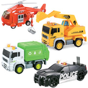 4 Pack City Heroes Vehicle Bundle Toy Playsets, Friction Powered Includes Fire Rescue Helicopter, Sanitation Dump Truck, Excavator, Police Cruiser Car, Pretend Play Toys for Toddlers Kids Boys