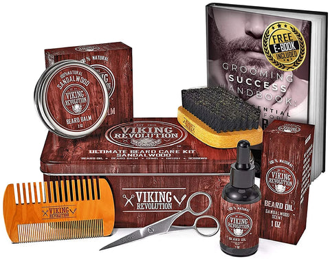 Ultimate Grooming Kit for Men - Boar Brush, Wood Comb, Sandalwood Balm & Oil, Scissors for Beard & Mustache