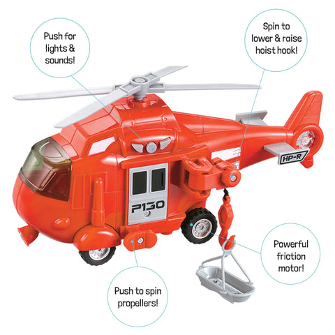 4 Pack City Heroes Vehicle Bundle Toy Playsets, Friction Powered Includes Fire Rescue Helicopter, Sanitation Dump Truck, Excavator, Police Cruiser Car, Pretend Play Toys for Toddlers Kids Boys