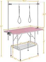 46'' Pet Grooming Table for Large Dogs Adjustable Height - Portable Trimming Table Drying Table W/Arm/Noose/Mesh Tray Maximum Capacity up to 265Lb -Pink