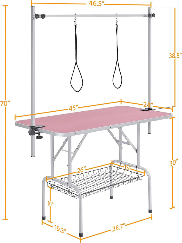 46'' Pet Grooming Table for Large Dogs Adjustable Height - Portable Trimming Table Drying Table W/Arm/Noose/Mesh Tray Maximum Capacity up to 265Lb -Pink