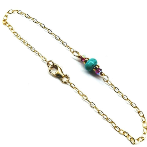 14K Gold Filled Pink and Turquoise Gemstone Dainty Bracelet