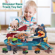 Dinosaur Race Track Playset for Kids Boys, Race Car Track Toys with 4 Mini Cars & 4 Dino, Adventure Toy Vehicle Playset for 3-5 Years Old, Blue