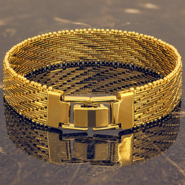 Vintage Flat Basket Weave Bracelet 24K Real Gold Plated for Women and Men (7Mm & 13Mm)