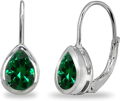 Sterling Silver Genuine or Synthetic Gemstone 7X5Mm Teardrop Bezel-Set Dainty Leverback Earrings