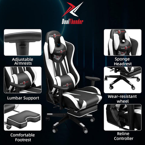 Gaming Chair with Footrest, Gaming Chairs, Comfortable Office Chairs Ergonomic Computer Gamer Chair with Headrest and Lumbar Support, High Back Gaming Chairs for Teens Adults, White