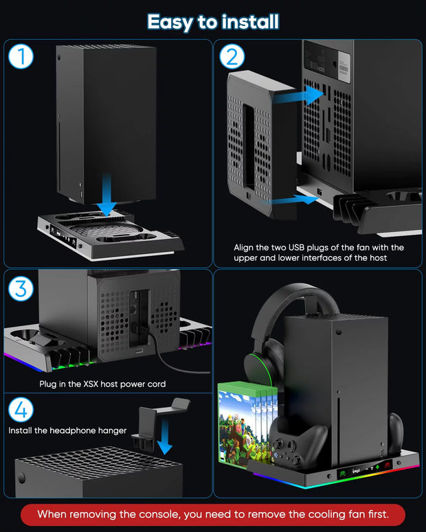 Upgraded RGB Cooling Fan Charging Station for Xbox Series X Console & Controller, Wireless Dual Charger Dock & Cooler System Stand with 15 Colorful Light Modes for Xbox Series X & Accessories Storage