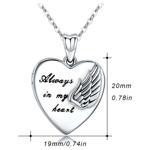 Heart Locket Necklace Always in My Heart 925 Sterling Silver That Can Hold 2 Photos Angel Wings Pendant Necklaces 18K White Gold Plated Jewelry Keepsake Xmas Gift for Women Mom Girls Daughter