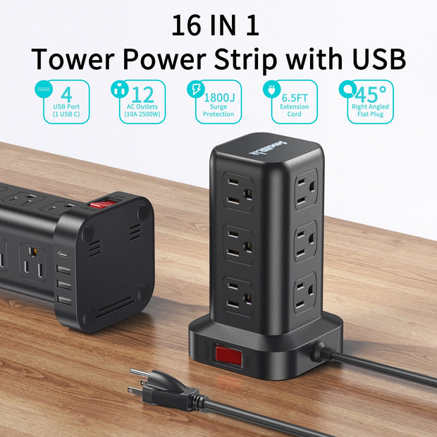 Power Strip Tower 12 Outlets with 4 USB Ports Surge Protector Electric Charging Station 6.5Ft Cord, Black