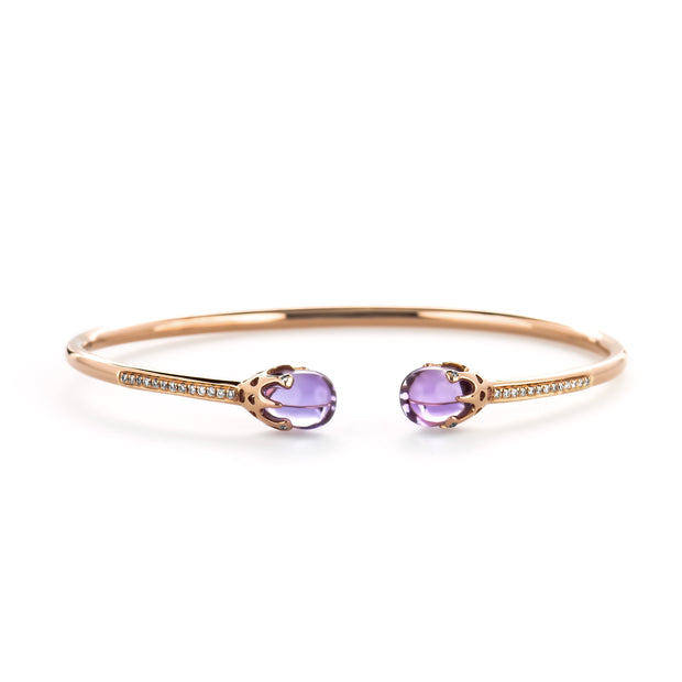 14K Rose Gold round Natural Diamond Gemstone Amethyst Bangle Cuff Bracelet for Women, Girls (0.12 Carat T.W, G-H Col,Or, SI1-SI2 Clarity) Mothers Day Gift