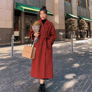 Winter Trench Coat for Women Elegant Fashion Korean Casual Thick Wool Coat Red Lace-Up Long Jacket Black Woman Coat with Blet