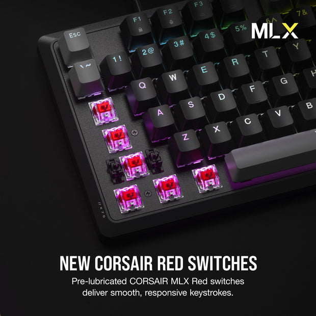 K70 CORE RGB Wired Gaming Mechanical Keyboard with Pre-Lubricated  MLX Red Linear Key Switches, Media Control Dial, Sound Dampening, Icue Compatibility, QWERTY NA Layout - Grey