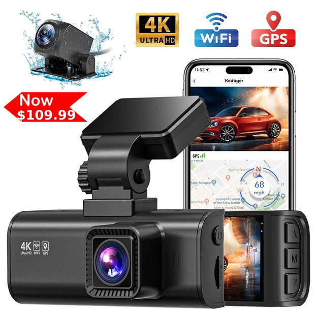 Dash Cam Front and Rear, 4K Dash Cam with Wifi & GPS, 4K/2.5K Front+1080P Rear Car Camera with View Night Vision, LCD Screen Display, Loop Recording,Black