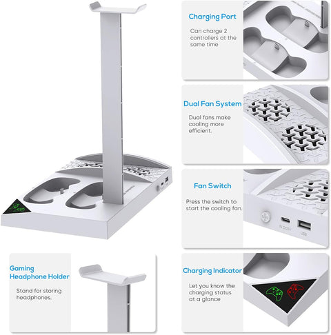 Cooling Fan with Charging Stand for Xbox Series S Console and Controller, Dual Charger Dock Accessories with 2 X 1400Mah Rechargeable Battery and Cover, Headphone Mount for Xbox Series S, White