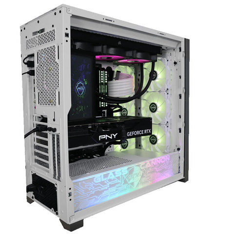 Oasis Blue Glass Cannon Custom Gaming Desktop PC; Nvidia RTX 4090, Intel Core I9 13900K, 64Gb DDR5 RAM, Asus Z790-A Wifi, 2 TB M.2 NVME SSD, Corsair H150I Elite LCD, 1000W Gold PSU, Windows 10 Pro