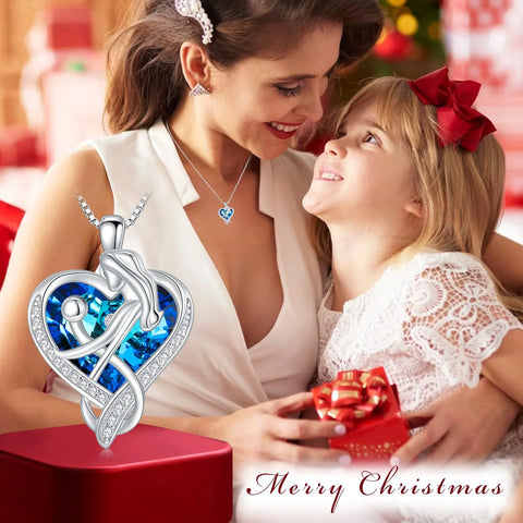 Gifts for Mom S925 Sterling Silver Mom and 1 Child Necklace with Blue Heart Crystal Pendant Jewelry Gifts for Women Mother New Mom Birthday Gifts for Mom from Daughters/Sons