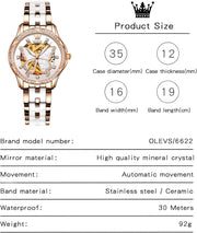 Womens Watches Elegant Dress Diamond Automatic Self Winding Watches for Women Luxury Fashion Stainless Steel Ceramic Waterproof Luminous Women'S Wrist Watches