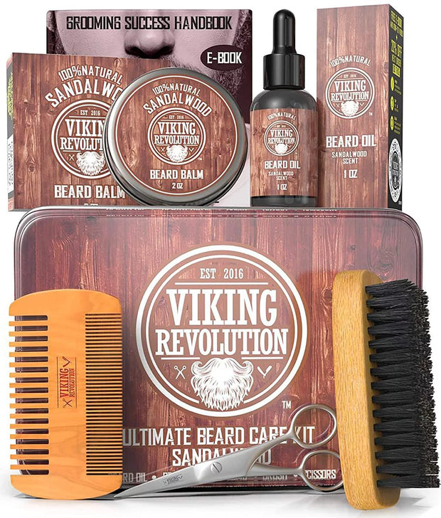 Ultimate Grooming Kit for Men - Boar Brush, Wood Comb, Sandalwood Balm & Oil, Scissors for Beard & Mustache