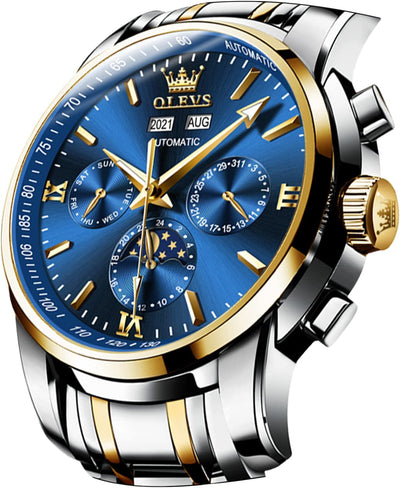 Automatic Mechanical Watches for Men Self Winding No Battery Blue Watch Stainless Steel Strap Luxury Moon Phase Luminous Waterproof Wrist Watch