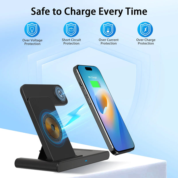 3 in 1 Wireless Charging Station, 15W QC3.0 Magnetic Fast Charging Stand Dock, Wirelss Charger for Iphone 15 14 13 12 11 Pro Max XS XR, Iwatch Series 9 8 7 6 5 4 3 2 SE, Airpods 3 2 Pro (Black)