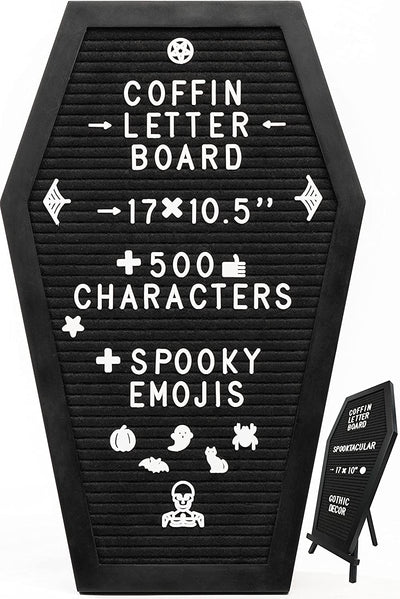 Coffin Letter Board Black with Spooky and All Seasons Emojis +500 Characters, and Wooden Stand - 17X10.5 Inches - Halloween Decorations Gothic Decor Spooky Gifts