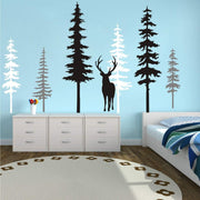 Large Forest Pine Tree with Deer Wall Decals Woodland Trees Wall Sticker for Nursery Room Art Kids Room Bedroom Decoration Forest Tree Animal Wall Mural AM11 (White+Gray+Black W/Deer)